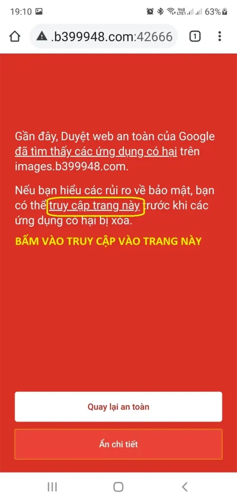 Nếu gặp cảnh báo Tệp gây hại, bạn bấm vào link truy cập trang này để tiếp tục