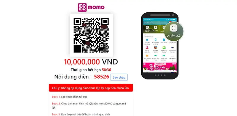 Nạp tiền Gi8 qua tài khoản Momo