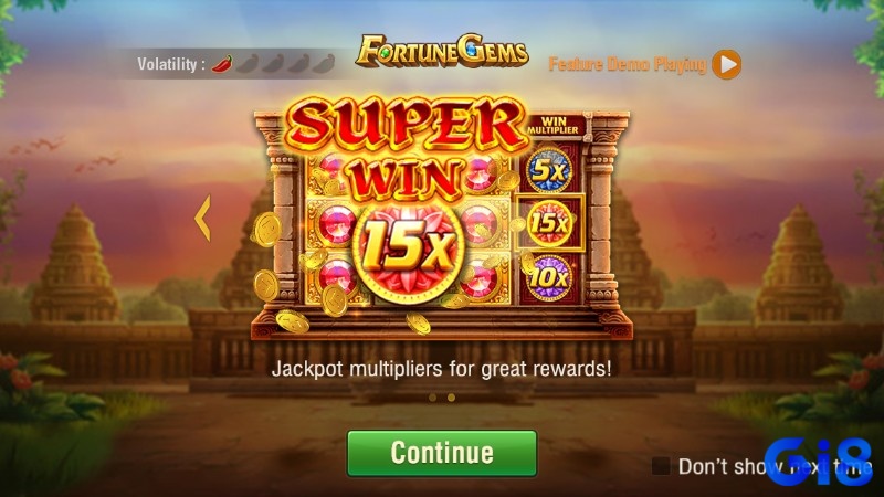 Fortune Gems slot có một cuộn trên guồng chỉ hiển thị hệ số nhân, lên tới 15x